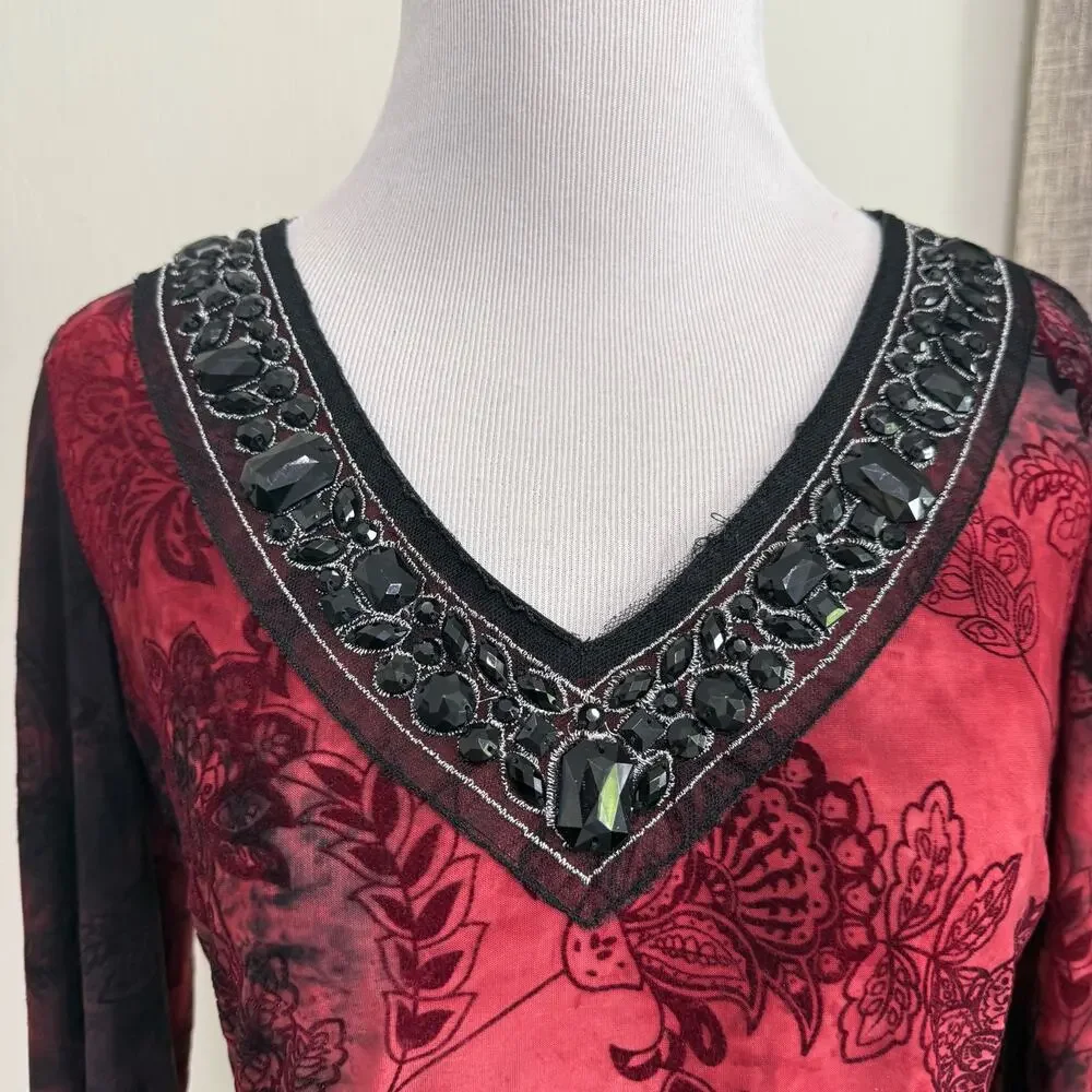 Sami & Jo Y2K Burnout Velvet Top S Red Black Fairy Grunge Flare Sleeve Beaded